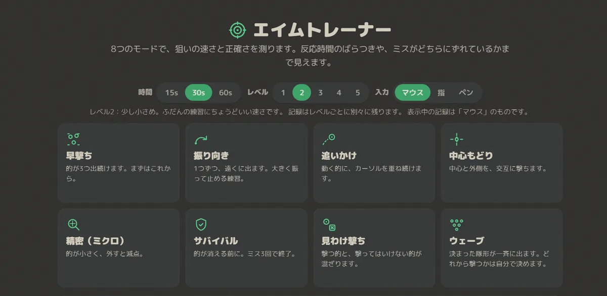 エイムトレーナーのホーム画面。上に時間（15s・30s・60s）、レベル1〜5、入力（マウス・指・ペン）の選択があり、その下に早撃ち・振り向き・追いかけ・中心もどり・精密（ミクロ）・サバイバル・見わけ撃ち・ウェーブの8つのモードカードが並んでいる
