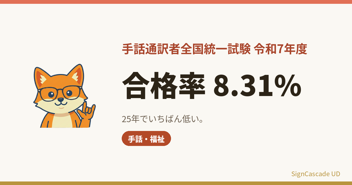 手話通訳者全国統一試験 令和7年度の合格率8.31%は25年で最低｜2001