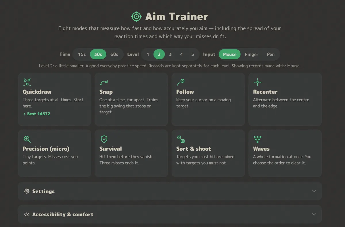 The Aim Trainer home screen. Along the top are duration (15s, 30s, 60s), levels 1 to 5 and input (Mouse, Finger, Pen), with a note that records are kept separately for each level. Below are the eight mode cards: Quickdraw, Snap, Follow, Recenter, Precision (micro), Survival, Sort & shoot and Waves