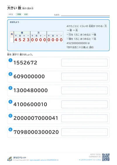 大きい数（億・兆）プリント（小学4年生・さんすう）の見本